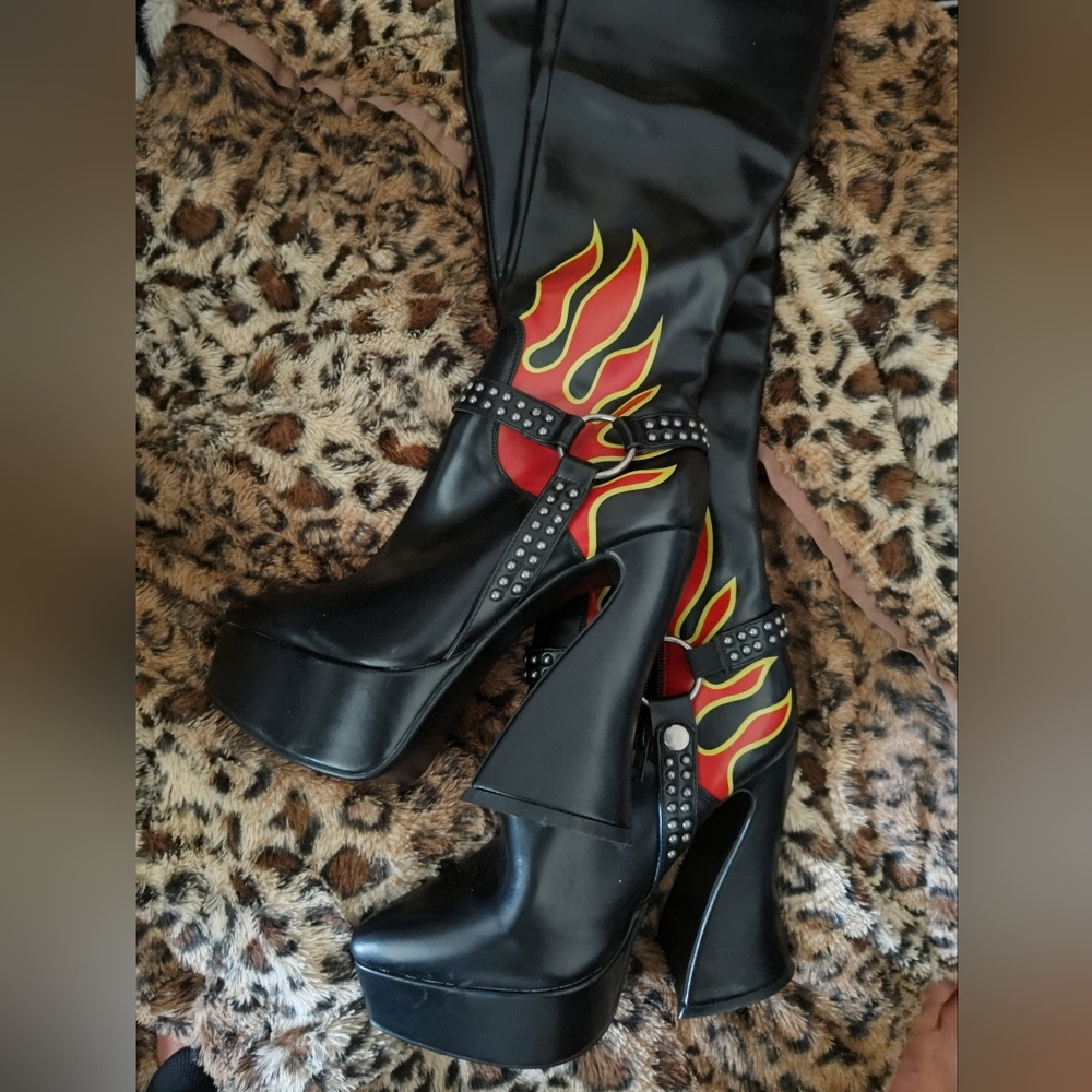 Black and Red Flame Thigh High Platform Boots By La Moda Size 8
